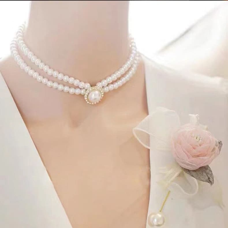 結婚式 アクセサリー 優雅な二連パール飾り玉ネックレス