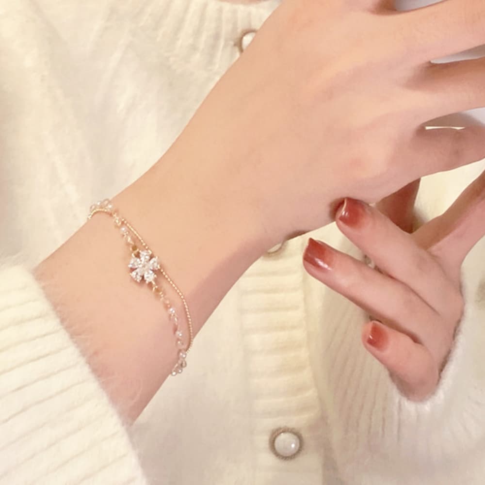 結婚式 アクセサリー 花モチーフ二連鎖ブレスレット 女性用上品