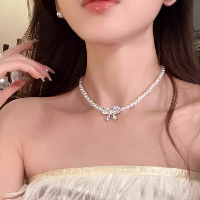 結婚式 アクセサリー 真珠のリボン飾り チョーカー風ネックレス