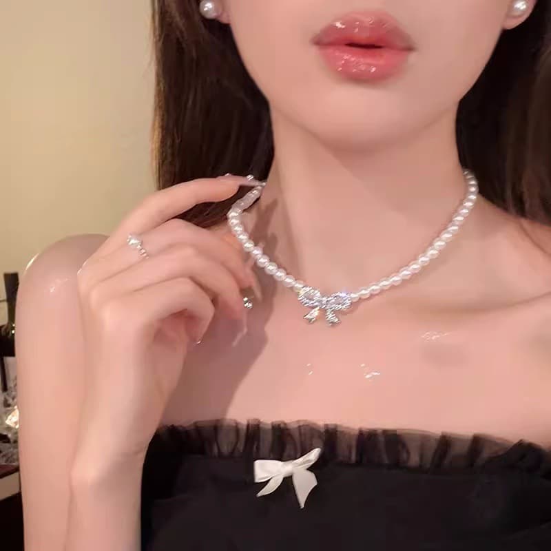 結婚式 アクセサリー 真珠のリボン飾り チョーカー風ネックレス